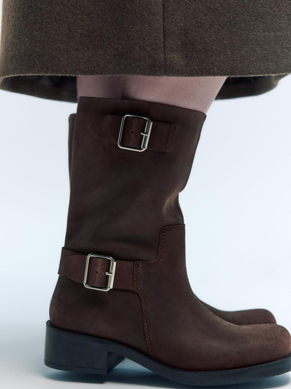 Zara Dark Brown Mid-Calf Buckle Heeled Boots
